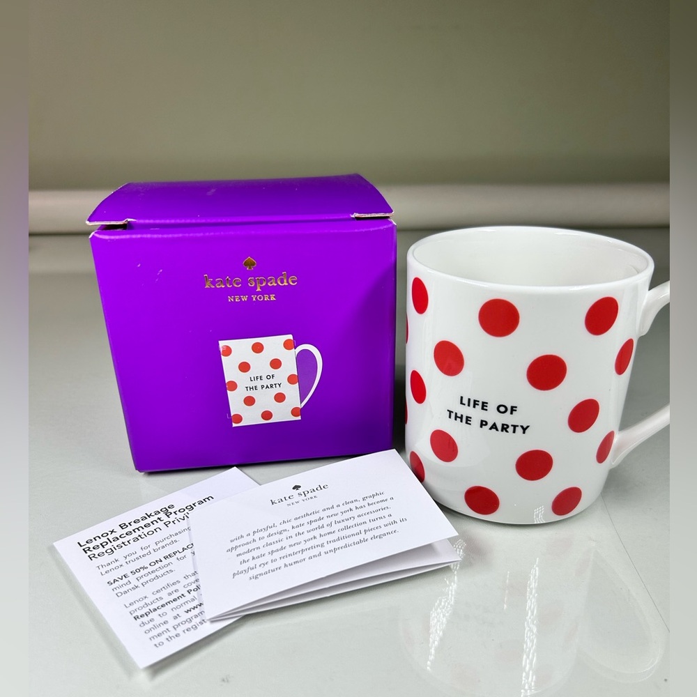 Kate Spade Lenox Coffee Mug Cup Life Of The Party Red Polka Dots DISCONTINUED